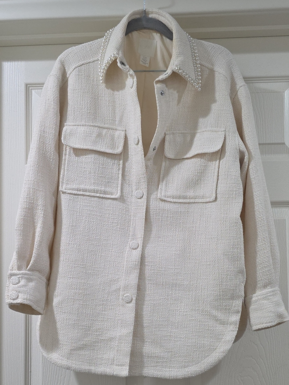 H&M Cream Bouclé Pearl-Collar Shacket - XSmall